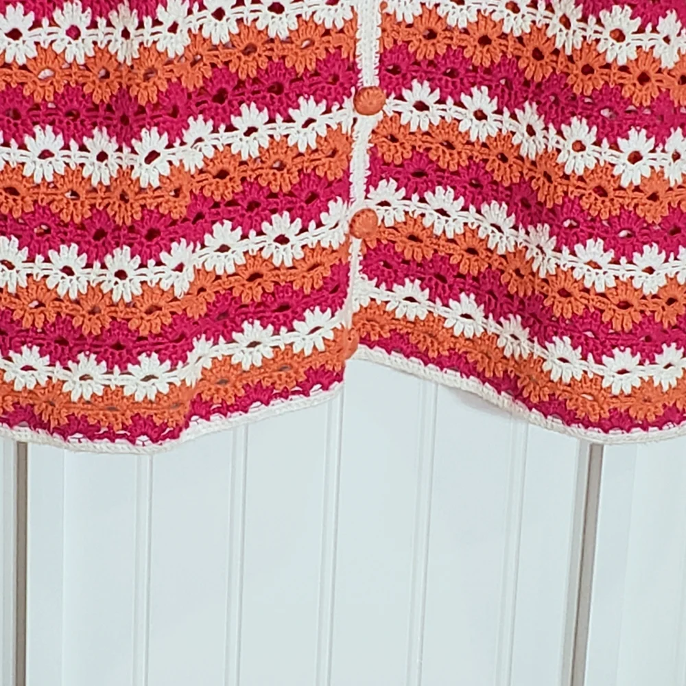 Crochet Button-Down Short Sleeve Shirt - Pink, Orange & White